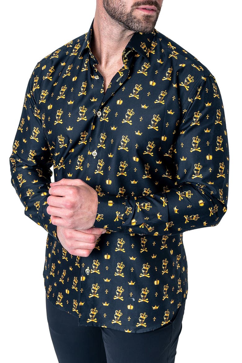 Fibonacci Regular Fit Kingskull Black Button-Up Shirt, Alternate, color, BLACK