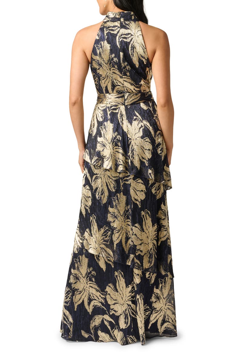 Floral Metallic Plissé Gown, Alternate, color, NAVY/ GOLD