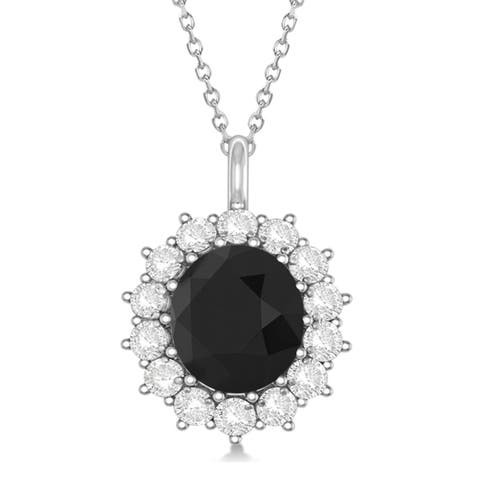 Oval Black Diamond and Diamond Pendant Necklace 14k