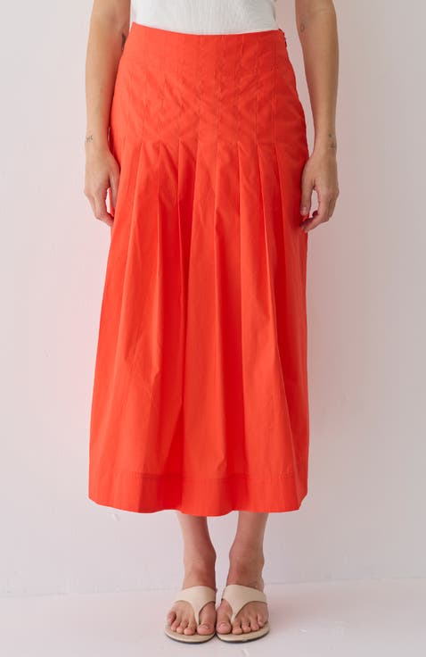 Poplin Box Pleated Midi Skirt
