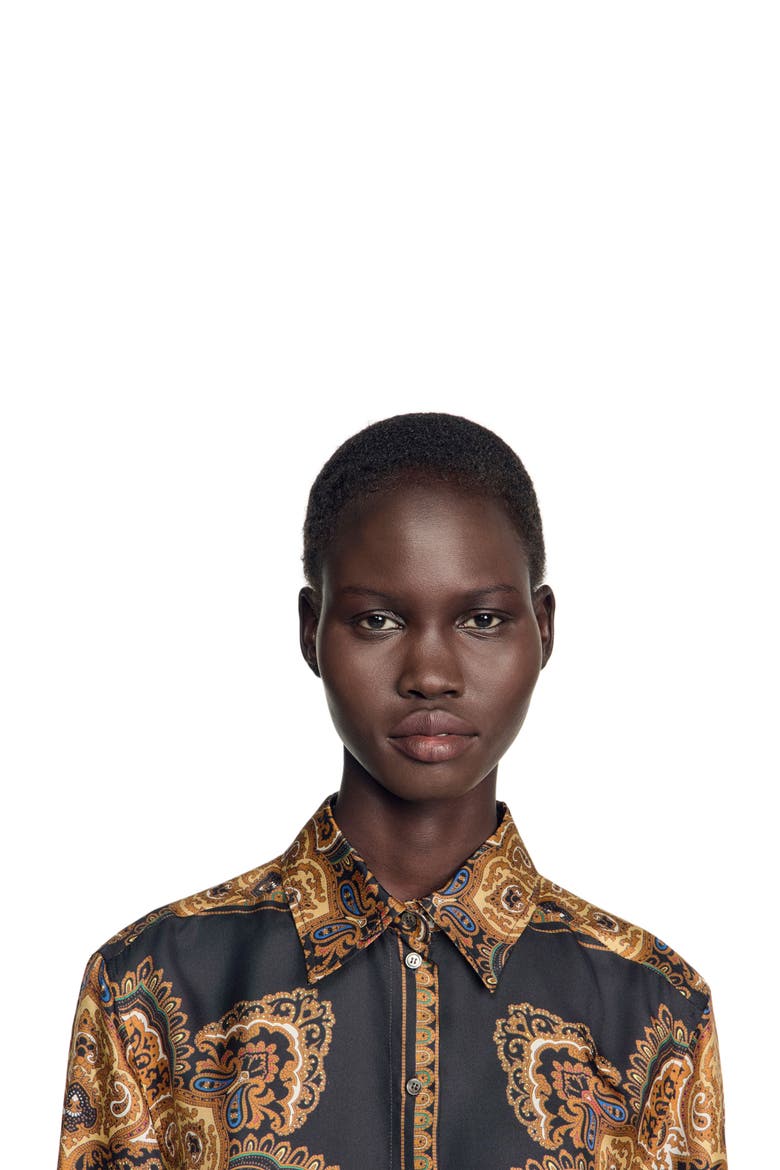 Scarf print silk shirt, Alternate, color, Black / ocher
