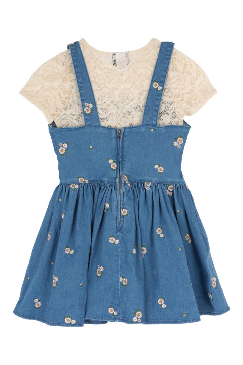 Kids' Lace Top & Embroidered Denim Dress Set, Alternate, color, TAUPE