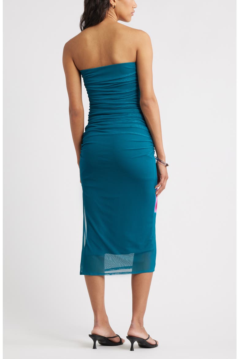 Ruched Strapless Mesh Dress, Alternate, color, TEAL- PINK BLURRY FLORAL