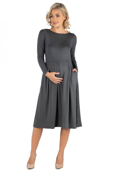 Maternity Midi Length Fit and Flare Pocket Dress