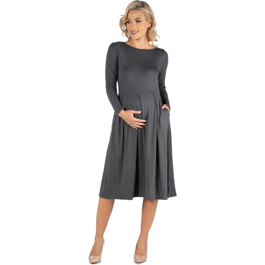 24seven Comfort Apparel Maternity Midi Length Fit And Flare Pocket Dress In Gray