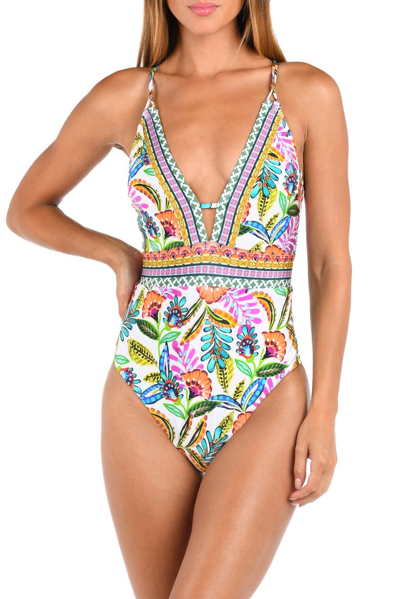 Jungle Plunge One-Piece Swimsuit, Main, color, WHITE MULTI
