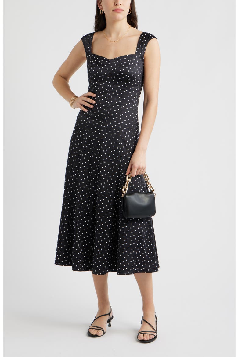 Cap Sleeve Satin Midi Dress, Alternate, color, BLACK DELILAH DOT