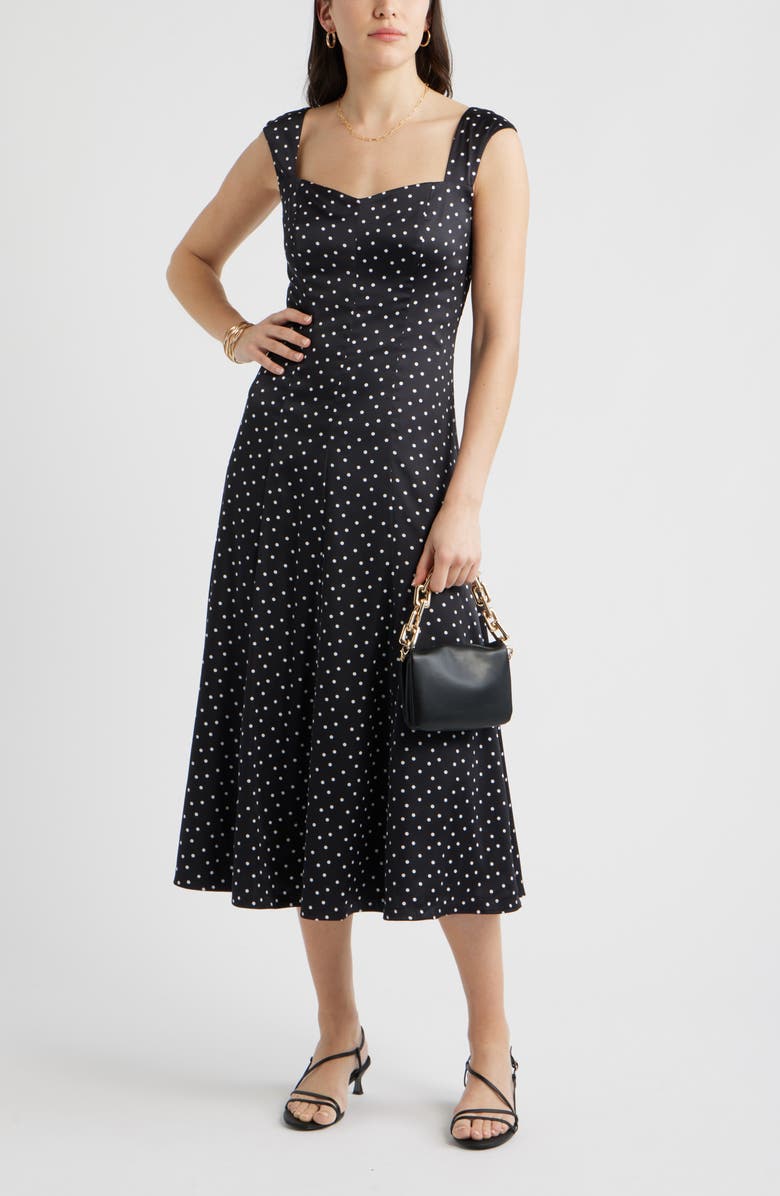 Chelsea28 Polka Dot Cap Sleeve Satin Midi Dress, Alternate, color, Black Delilah Dot