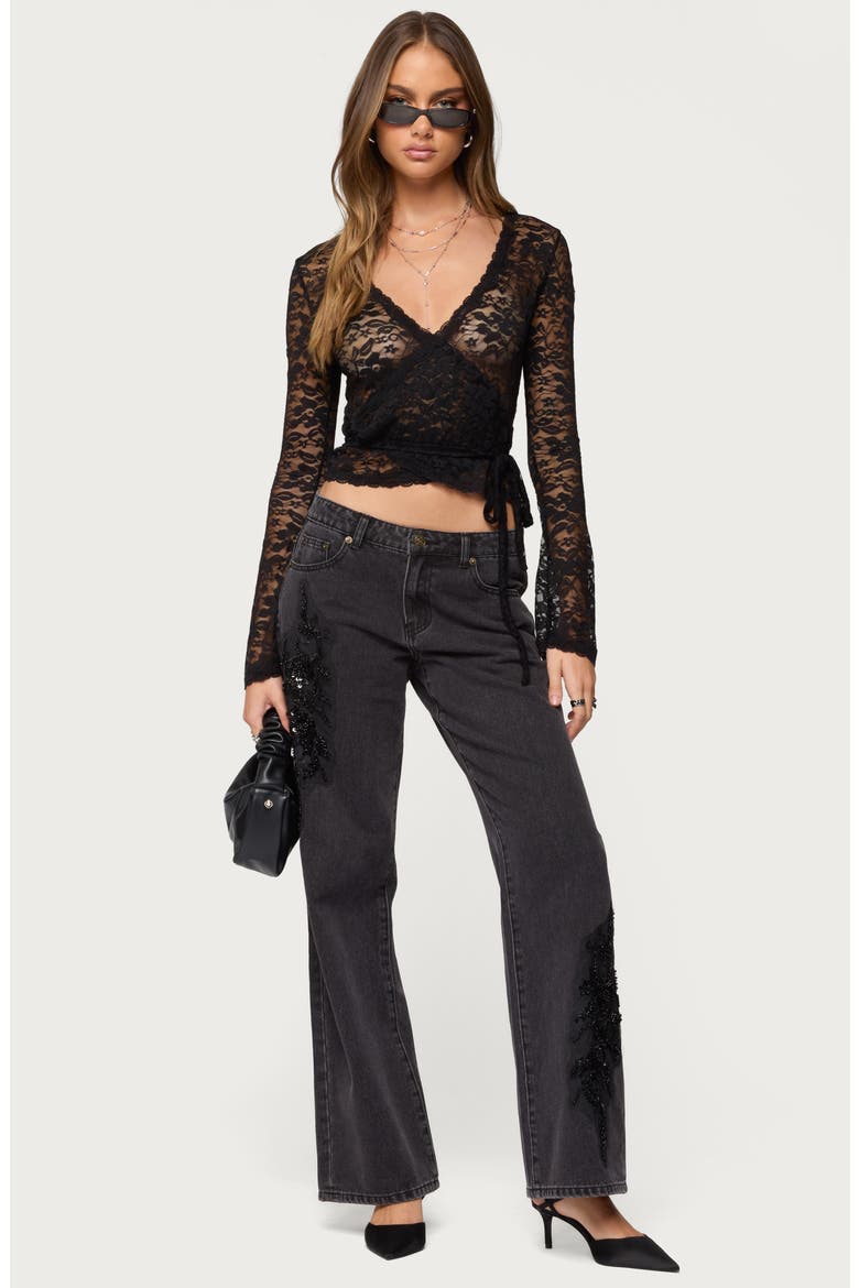 Rossa Beaded Low Rise Wide Leg Jeans, Alternate, color, BLACK-WASHED