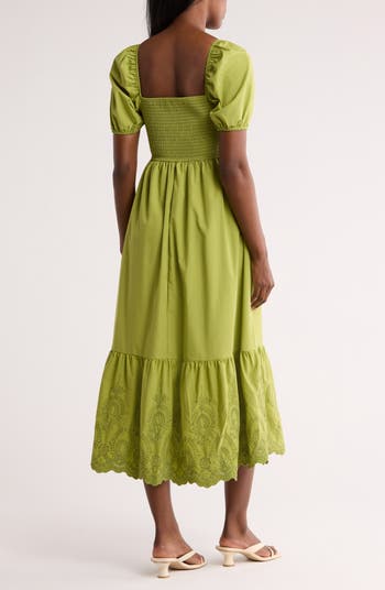Puff Sleeve Embroidered Hem Maxi Dress