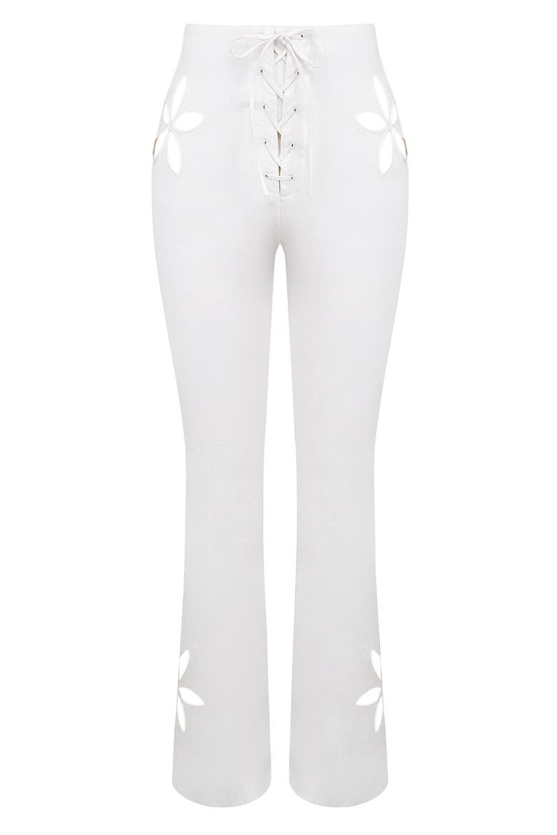 Floral Cutout Lace-Up Straight Leg Pants, Alternate, color, CLOUD