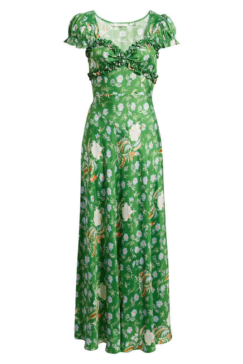Valerine Print Ruffle Silk Blend Maxi Dress, Alternate, color, EMERALD HOLLYHOCK HILLS