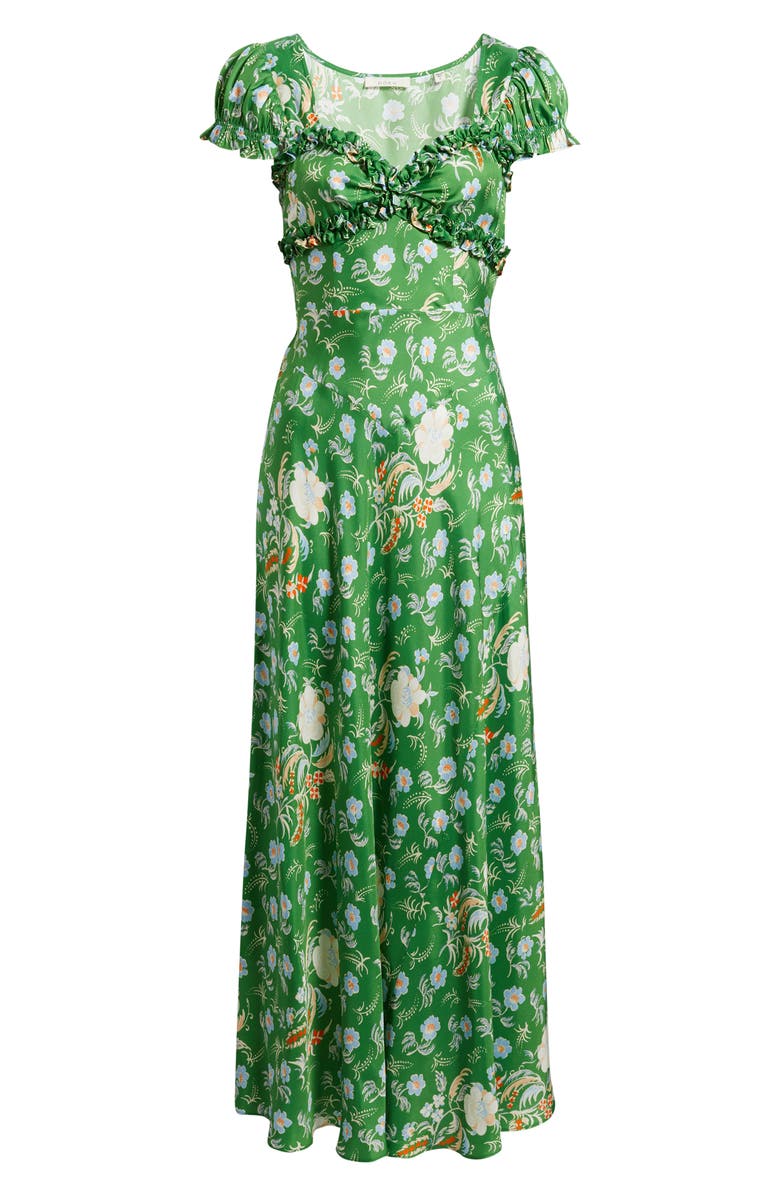 DÔEN Valerine Print Ruffle Silk Blend Maxi Dress, Alternate, color, Emerald Hollyhock Hills