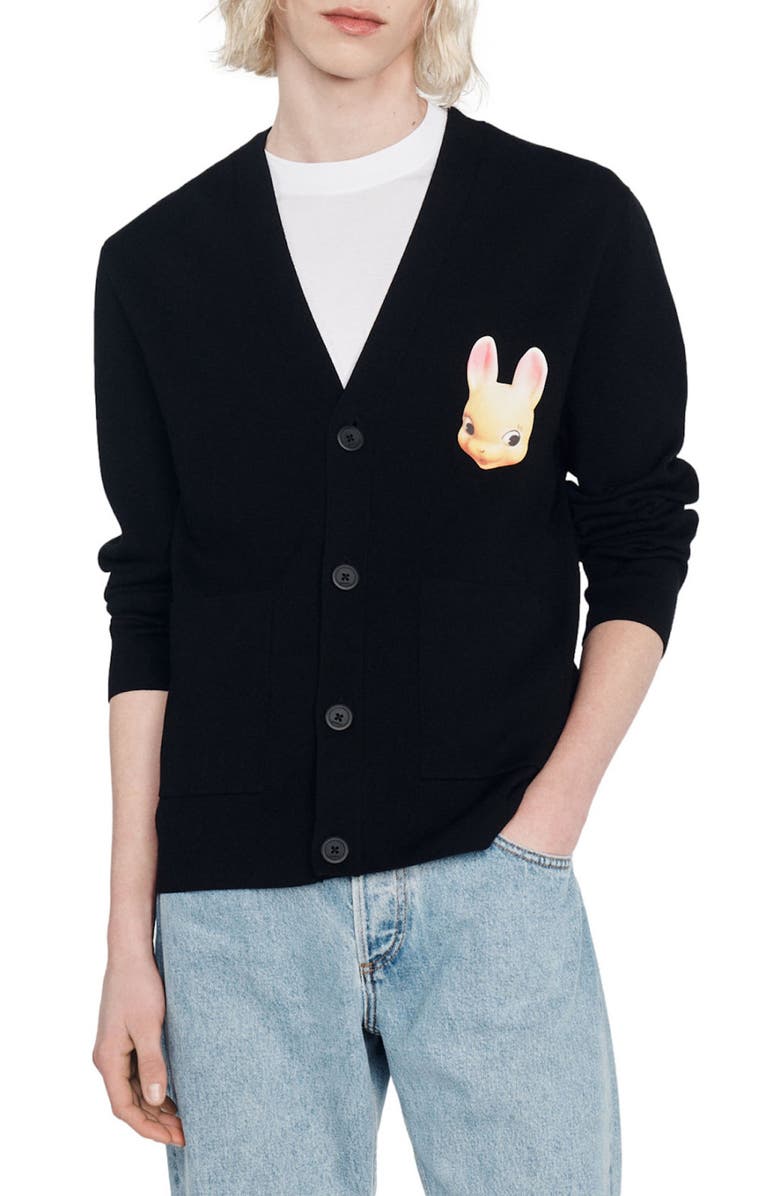 SANDRO Bunny Graphic Cardigan, Main, color, Noir