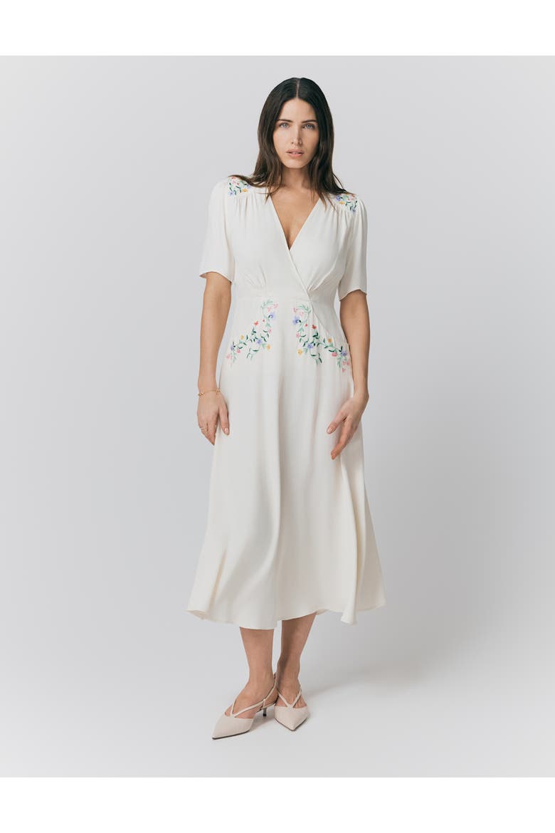 Maeve Embroidered Crepe Midi Tea Dress, Main, color, Ivory