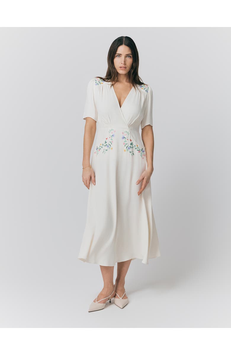 Ghost London Maeve Embroidered Crepe Midi Tea Dress, Main, color, Ivory