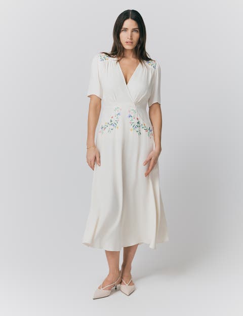 Maeve Embroidered Crepe Midi Tea Dress