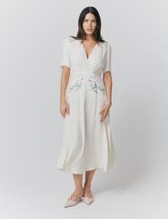 Ghost London Maeve Embroidered Crepe Midi Tea Dress