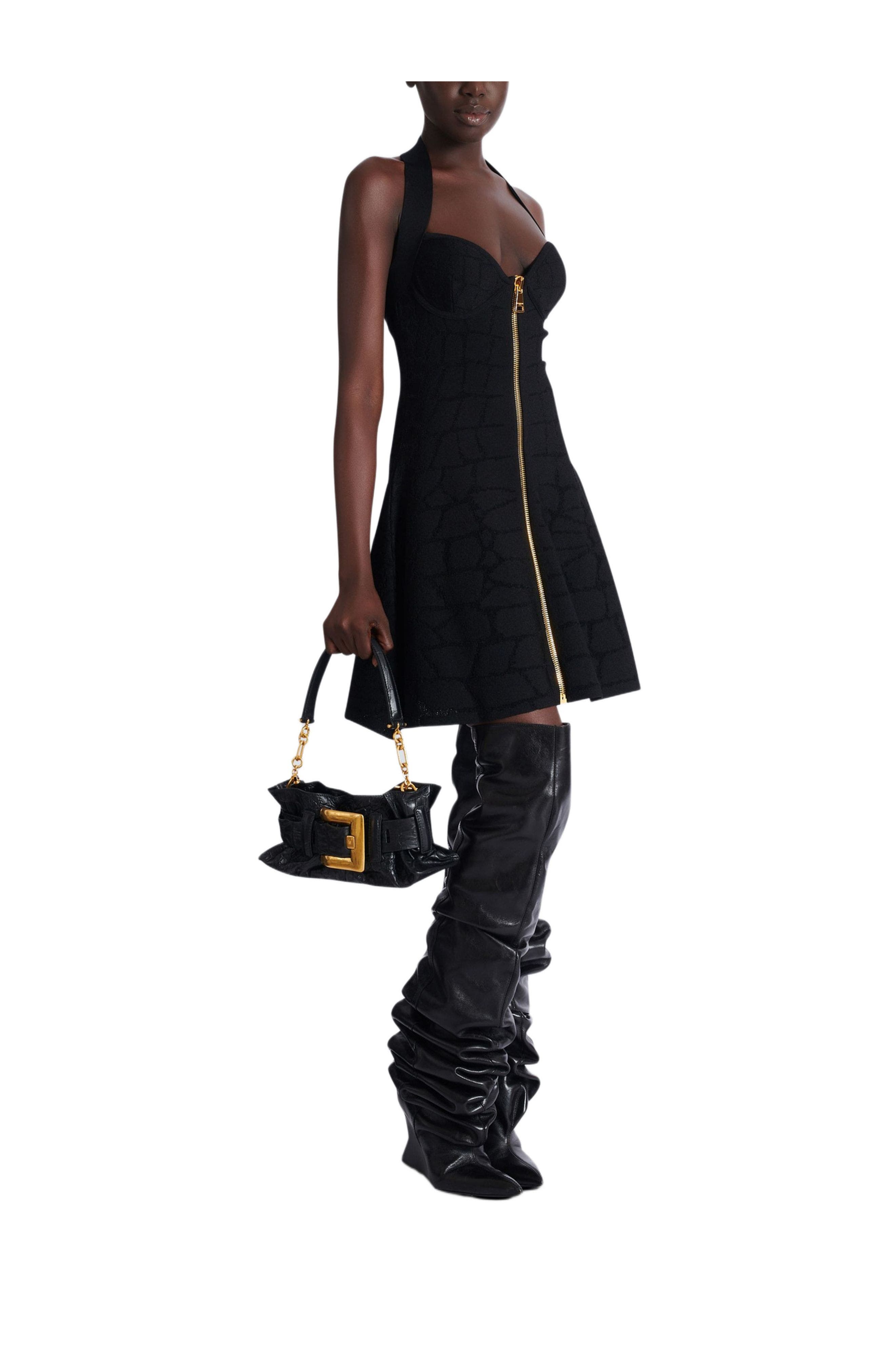 Balmain Mini Anthem bag in embossed crocodile-print calfskin, Alternate, color, Black