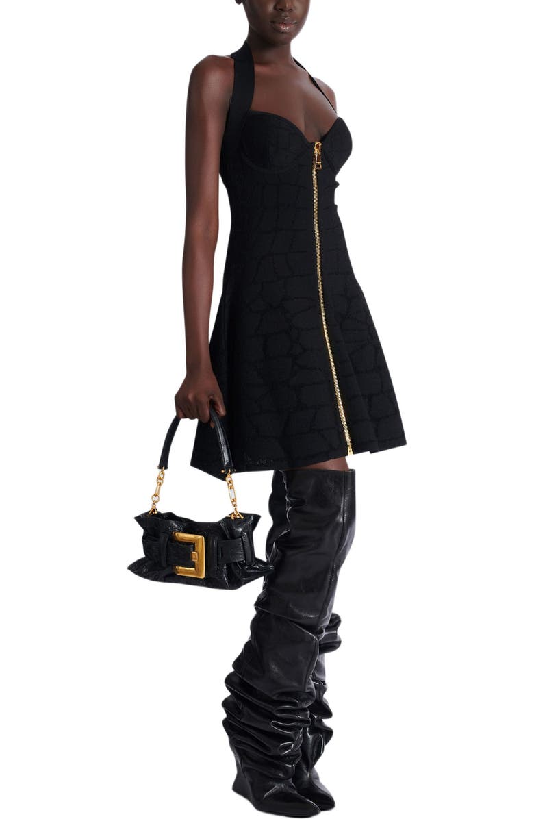 Balmain Mini Anthem bag in embossed crocodile-print calfskin, Alternate, color, Black