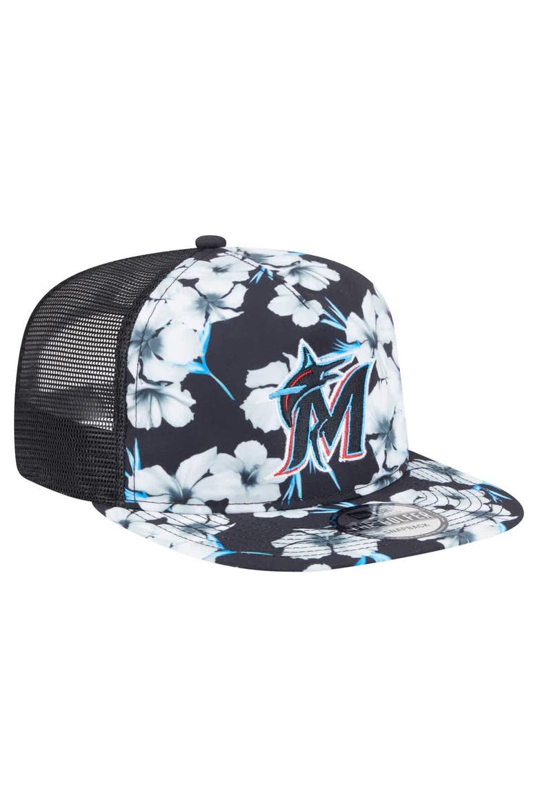 Men's New Era Black Miami Marlins Adventure Pattern Golfer Trucker Snapback Hat, Alternate, color, Black