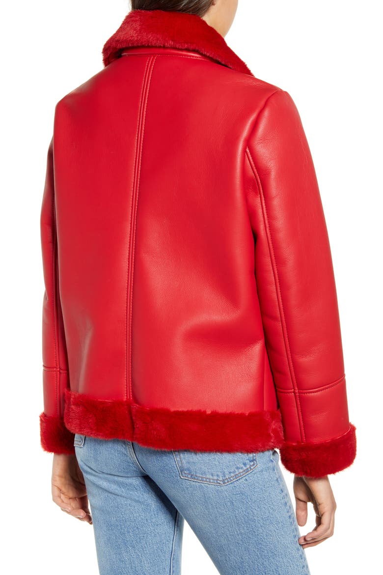 Faux Fur Trim Faux Leather Jacket, Alternate, color, RED