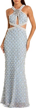 Mac Duggal Blue Sleeveless Halter Cutout Pearl Embellished Gown