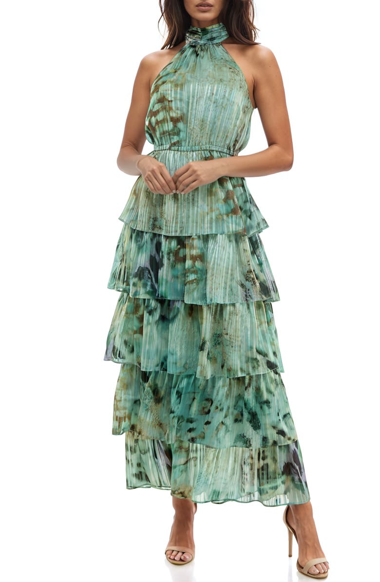 Socialite Metallic Abstract Print Tiered Ruffle Dress, Main, color, Green/ Olive