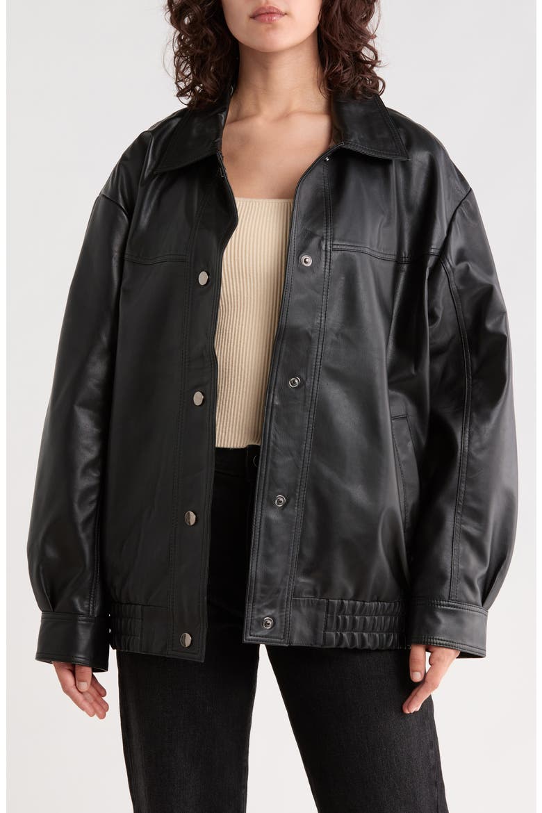 Oversized Leather Bomber Jacket, Alternate, color, BLACK