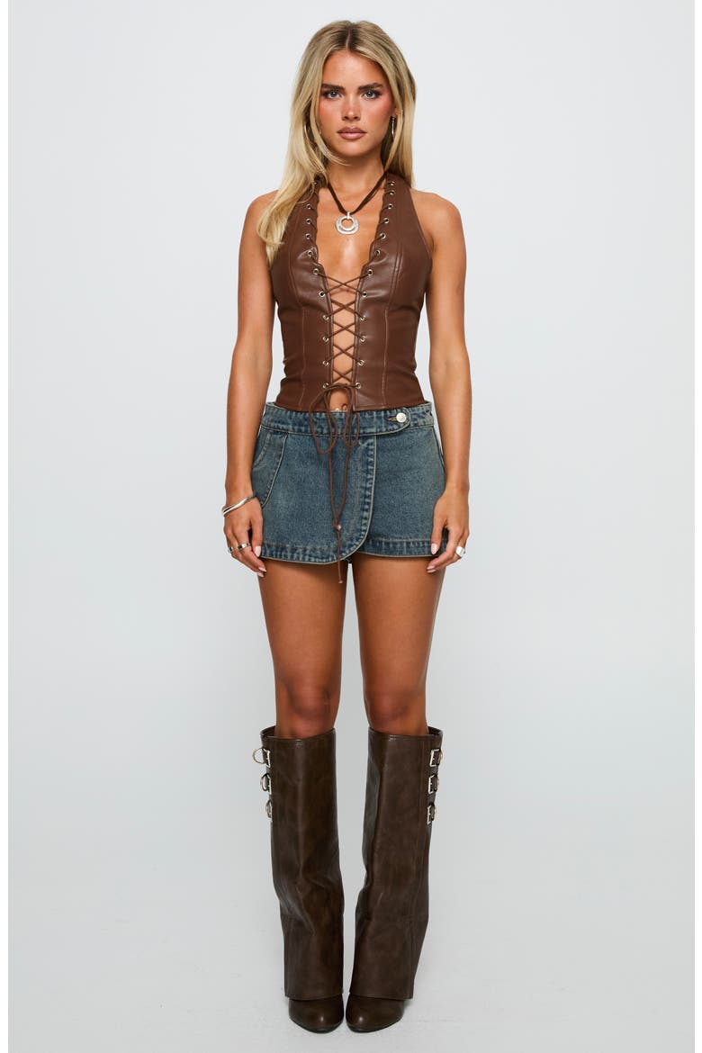 Light On Lace-Up Faux Leather Halter Top, Alternate, color, CHOCOLATE