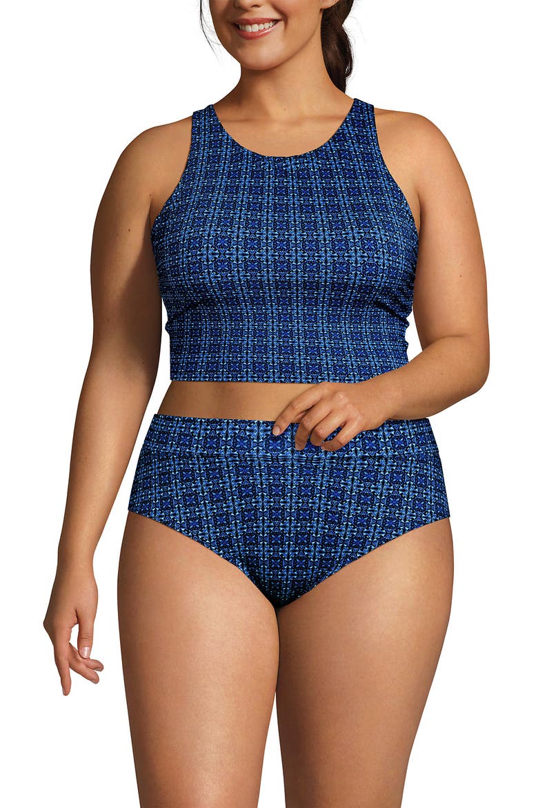 Chlorine Resistant High Neck Racerback Midkini Swimsuit Top, Alternate, color, Navy Mosaic Mini Tile