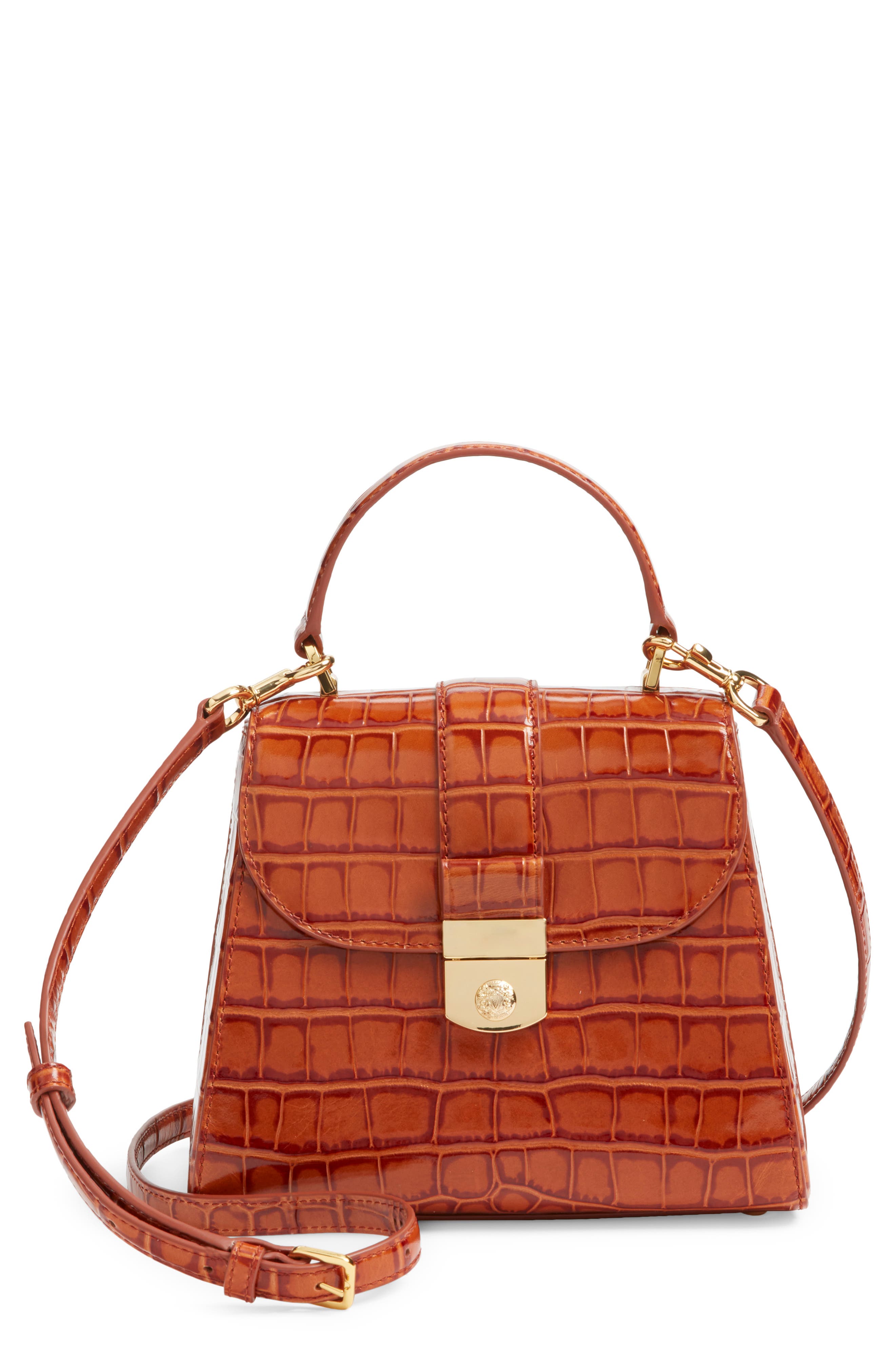 Crest Lock Croc Embossed Leather Top Handle Bag, Main, color, PRALINE