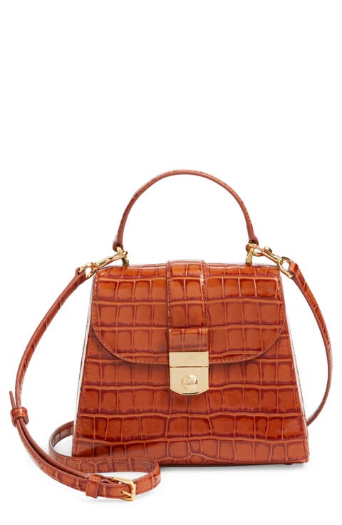 Crest Lock Croc Embossed Leather Top Handle Bag