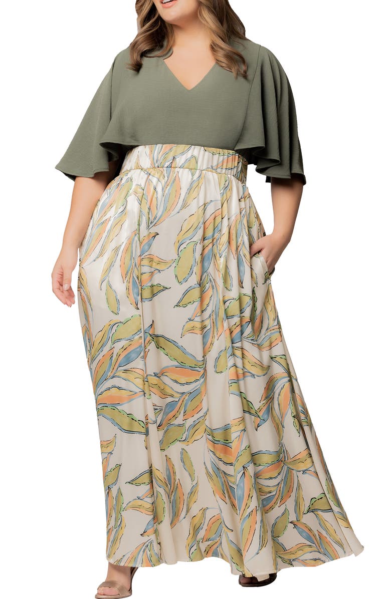 Kiyonna Avisa Flutter Sleeve Maxi Dress, Main, color, Artful Leaves