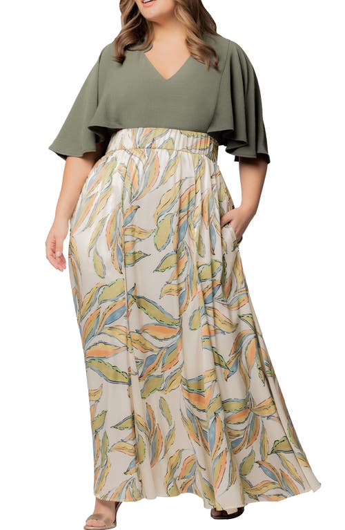Shop Kiyonna Avisa Flutter Sleeve Maxi Dress In Artful Leaves