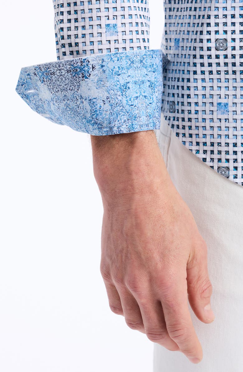 Robert Graham Brentwood Lattice Print Stretch Cotton Button-Up Shirt, Alternate, color, Light Blue