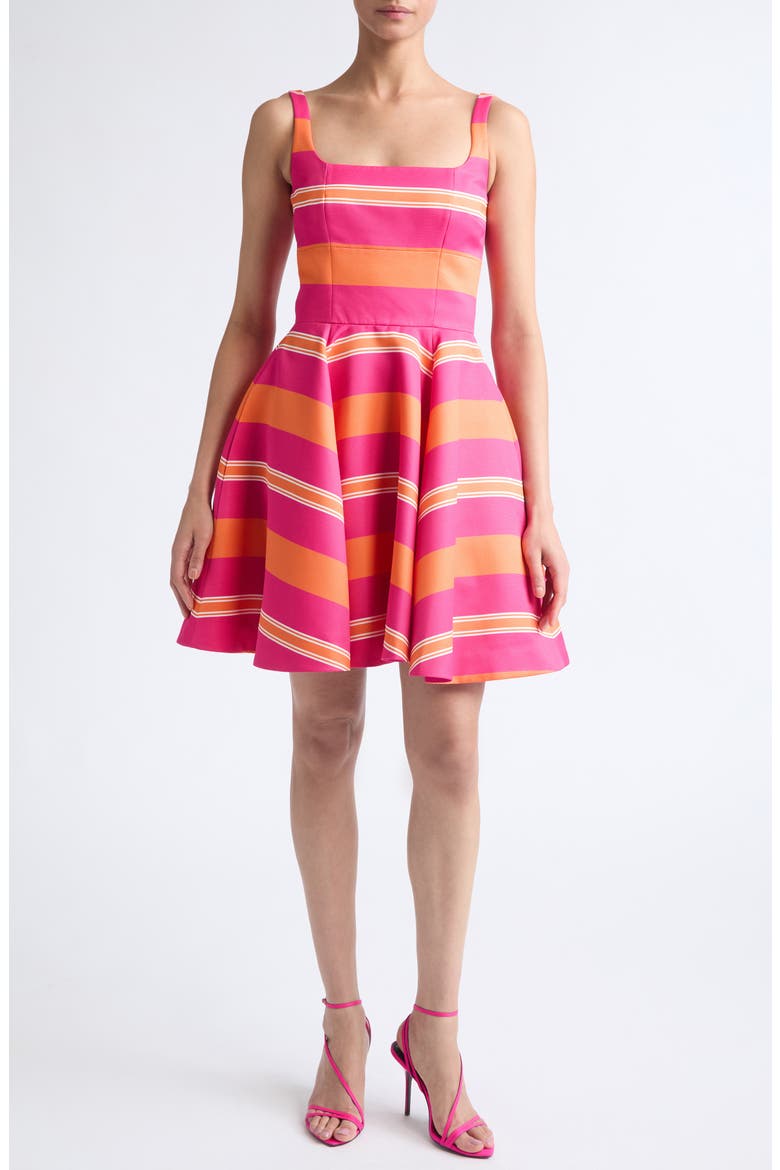 Mona Stripe Taffeta Faille Fit & Flare Minidress, Main, color, GRAPHIC STRIPE-HOT PINK ORANGE