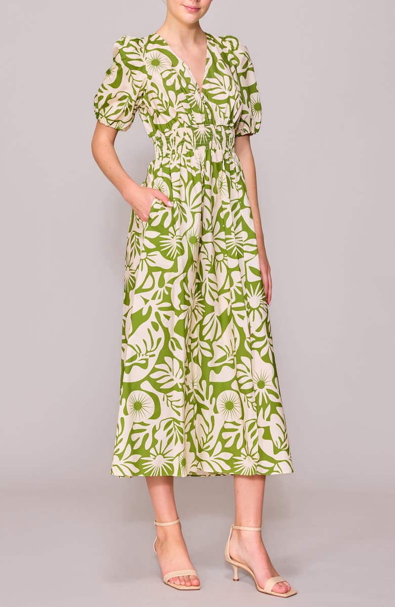 V-Neck Smocked Waist Midi Dress
