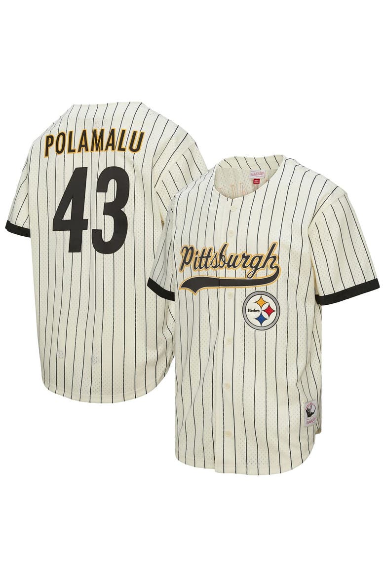 Men's Mitchell & Ness Troy Polamalu Cream Pittsburgh Steelers Name & Number Mesh Button-Up Baseball Jersey, Main, color, Cream