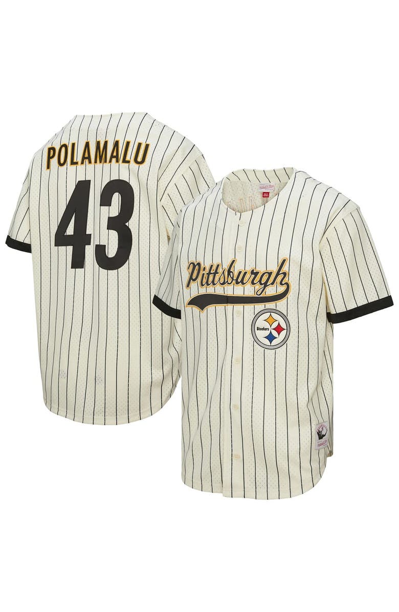 Mitchell & Ness Men's Mitchell & Ness Troy Polamalu Cream Pittsburgh Steelers Name & Number Mesh Button-Up Baseball Jersey, Main, color, Cream