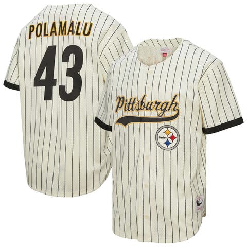 Men's Mitchell & Ness Troy Polamalu Cream Pittsburgh Steelers Name & Number Mesh Button-Up Baseball Jersey