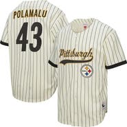 Mitchell & Ness Men's Mitchell & Ness Troy Polamalu Cream Pittsburgh Steelers Name & Number Mesh Button-Up Baseball Jersey