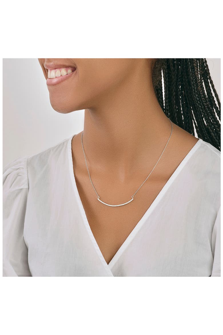 Rhodium Plated Brass CZ Curved Bar Necklace, Alternate, color, SILVER