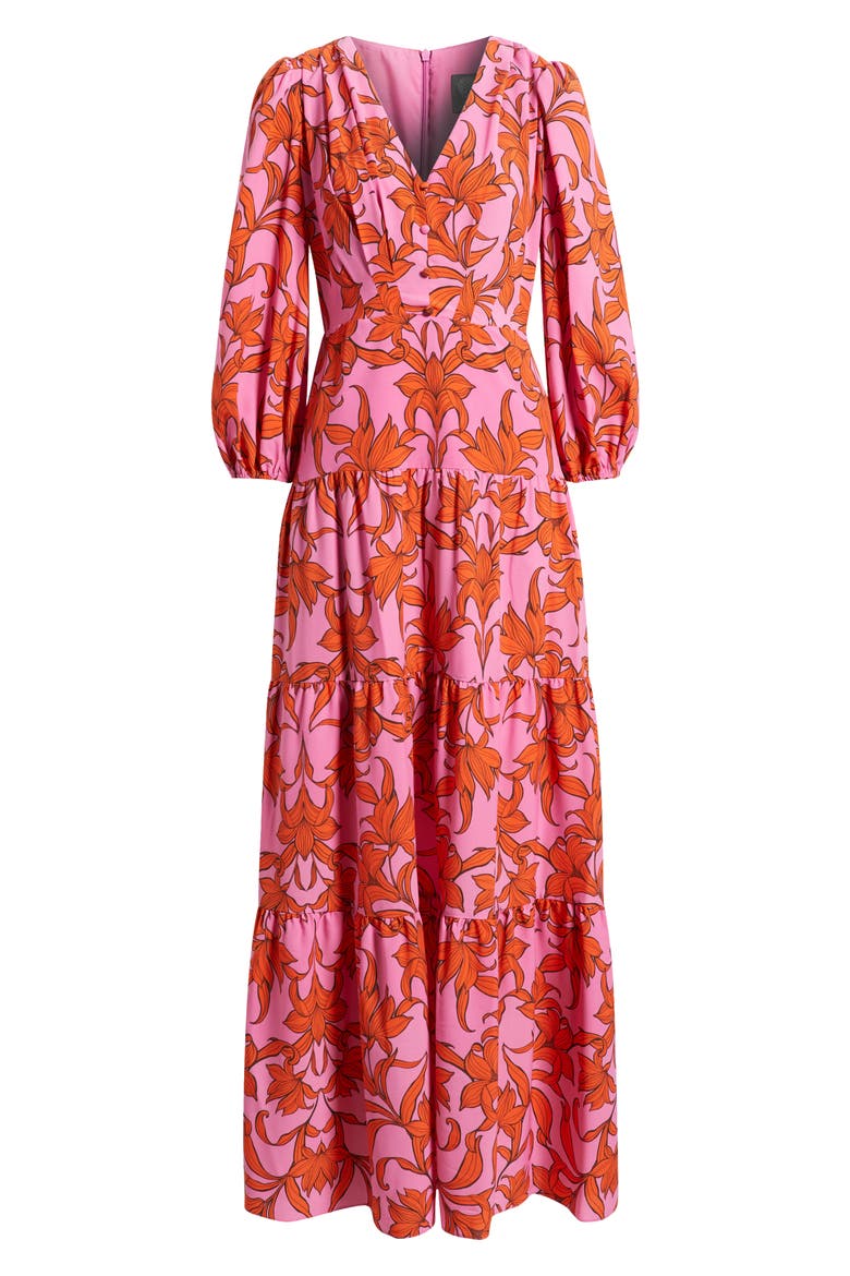 Print Long Sleeve Ruffle Hem Maxi Dress, Alternate, color, PINK MULTI