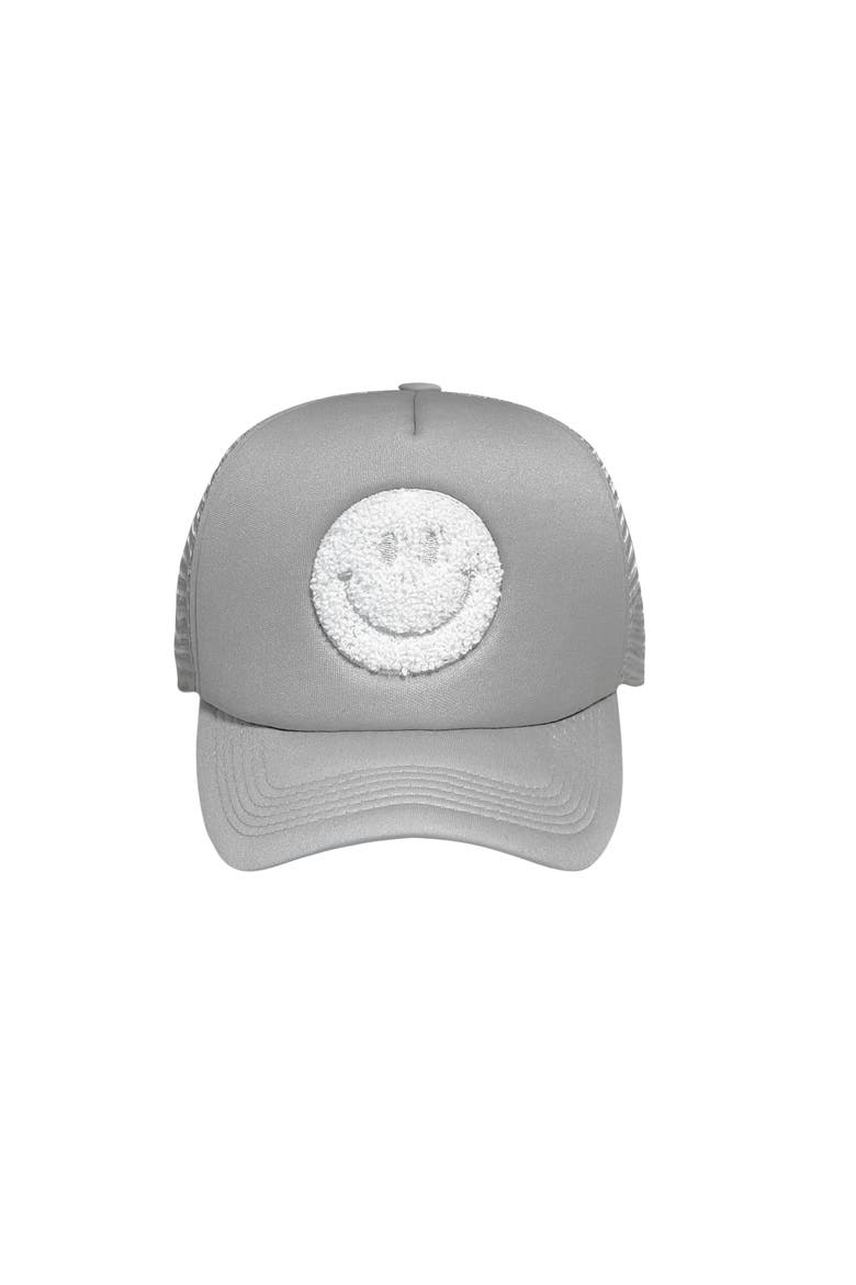 Smiley Chenille Patch Trucker Hat Cotton Grey, Main, color, Grey