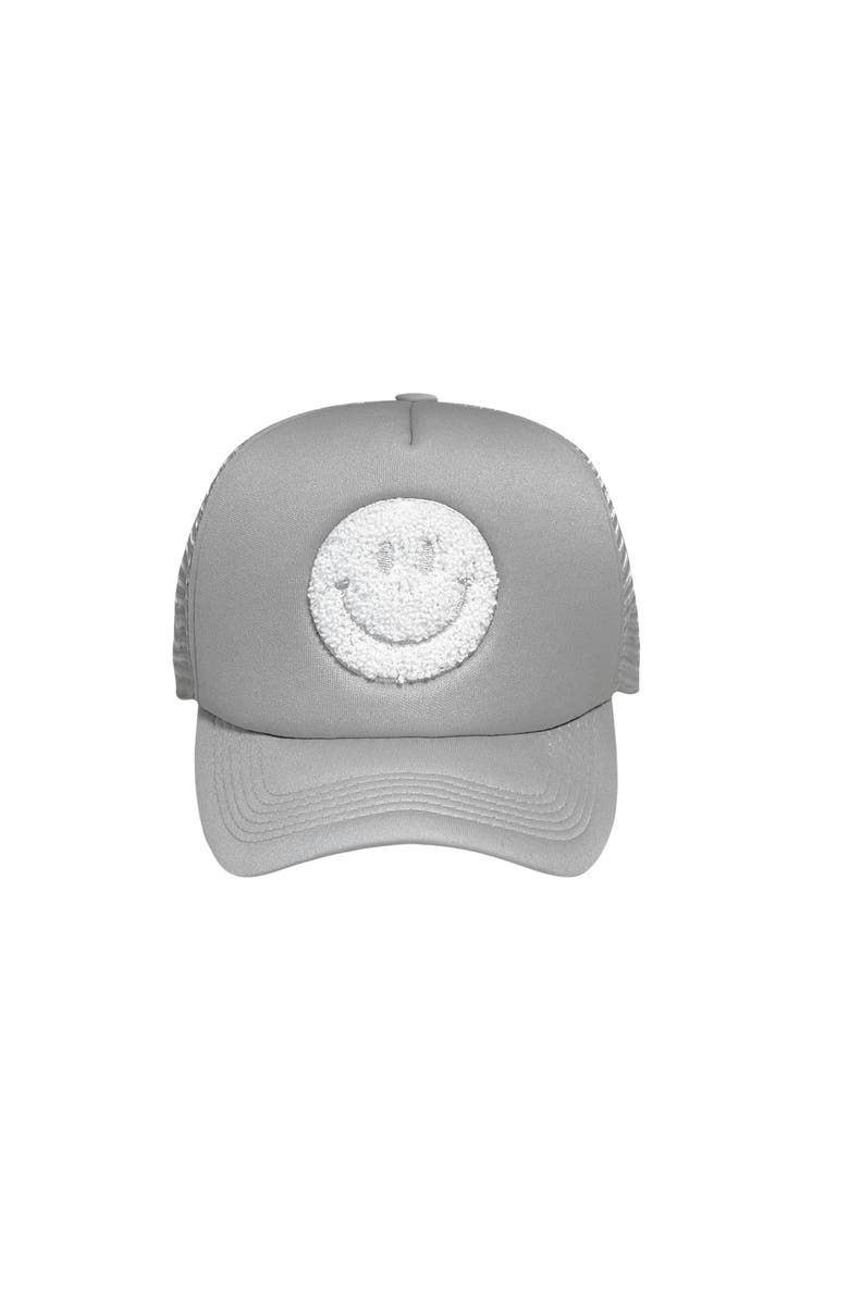 Totalee Gift Smiley Chenille Patch Trucker Hat Cotton Grey, Main, color, Grey