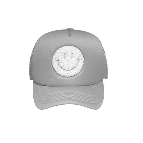 Smiley Chenille Patch Trucker Hat Cotton Grey