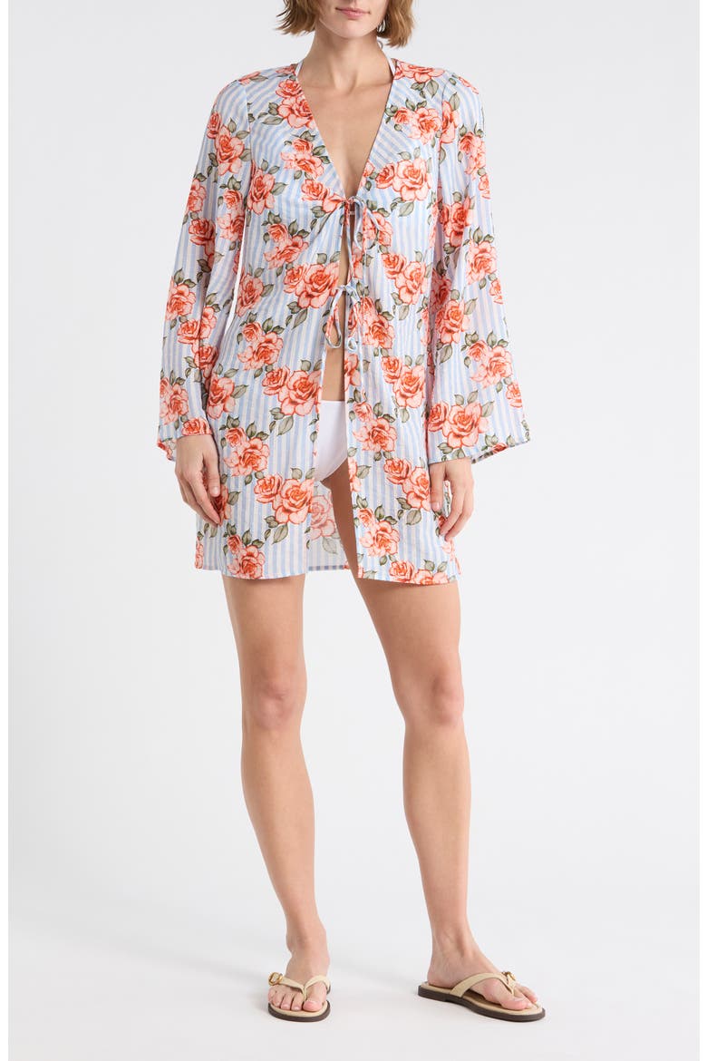 Tie Front Long Sleeve Cover-Up, Main, color, CORAL STRPD GRND SPCS RSE