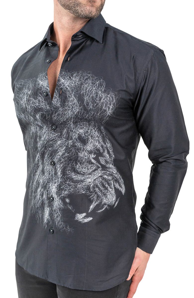 Maceoo Fibonacci Lionchalk Black Contemporary Fit Button-Up Shirt, Alternate, color, Black