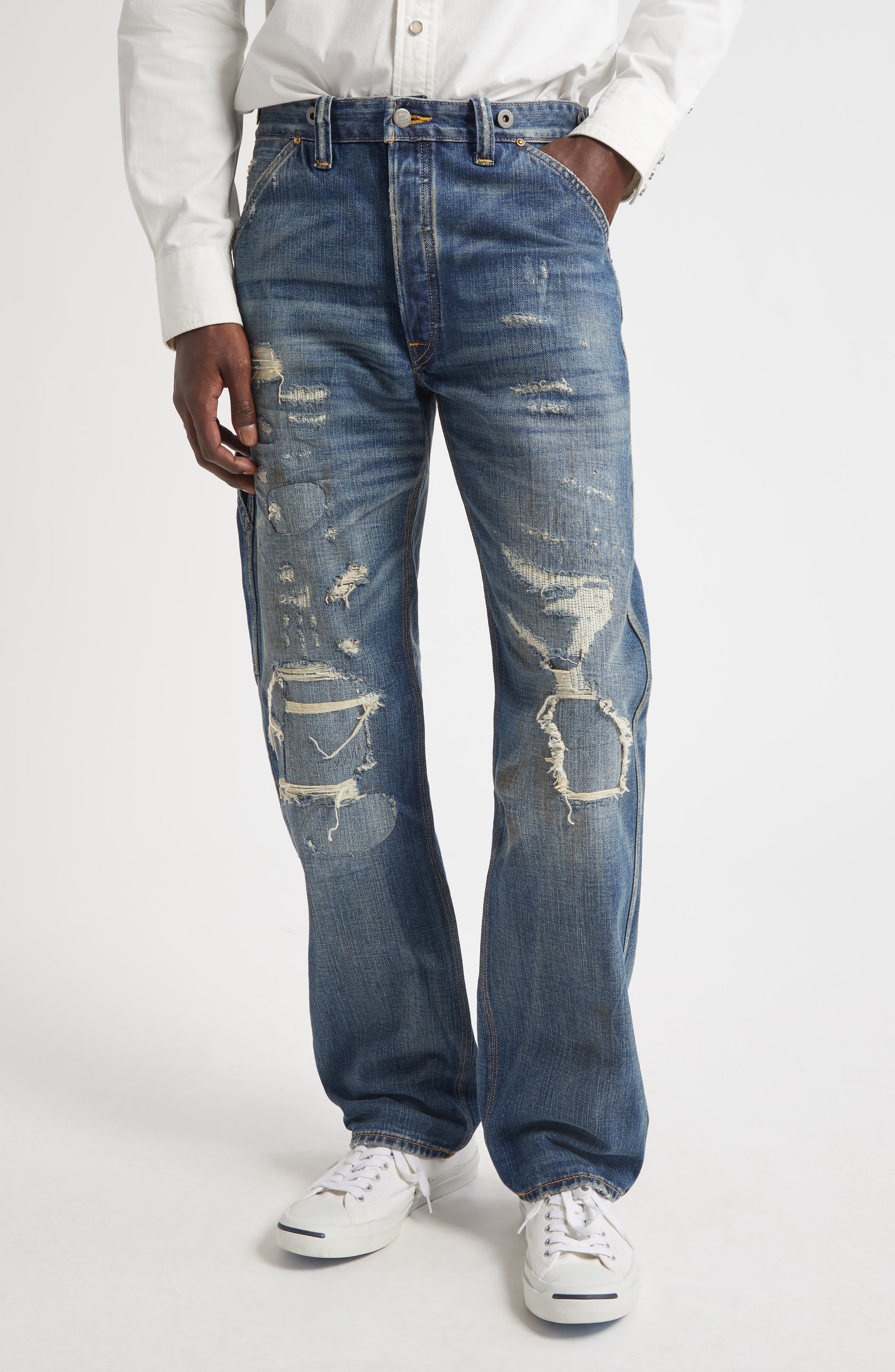 Double RL Straight Fit Distressed Carpenter Jeans in Brayton Wash 